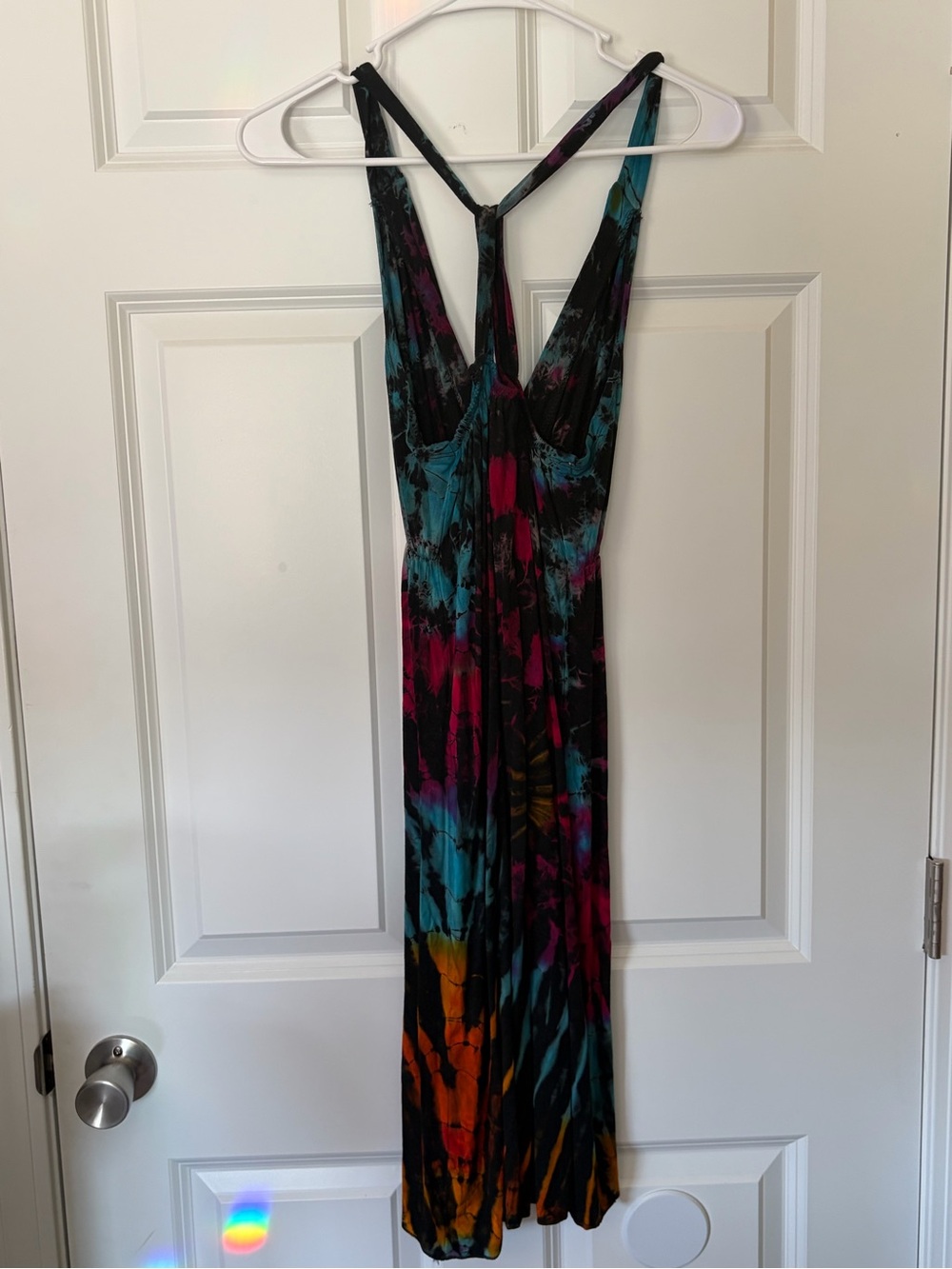 Tie-Dye V-Neck Midi Dress in Black with Teal & Fuchsia - Picture 5 of 5